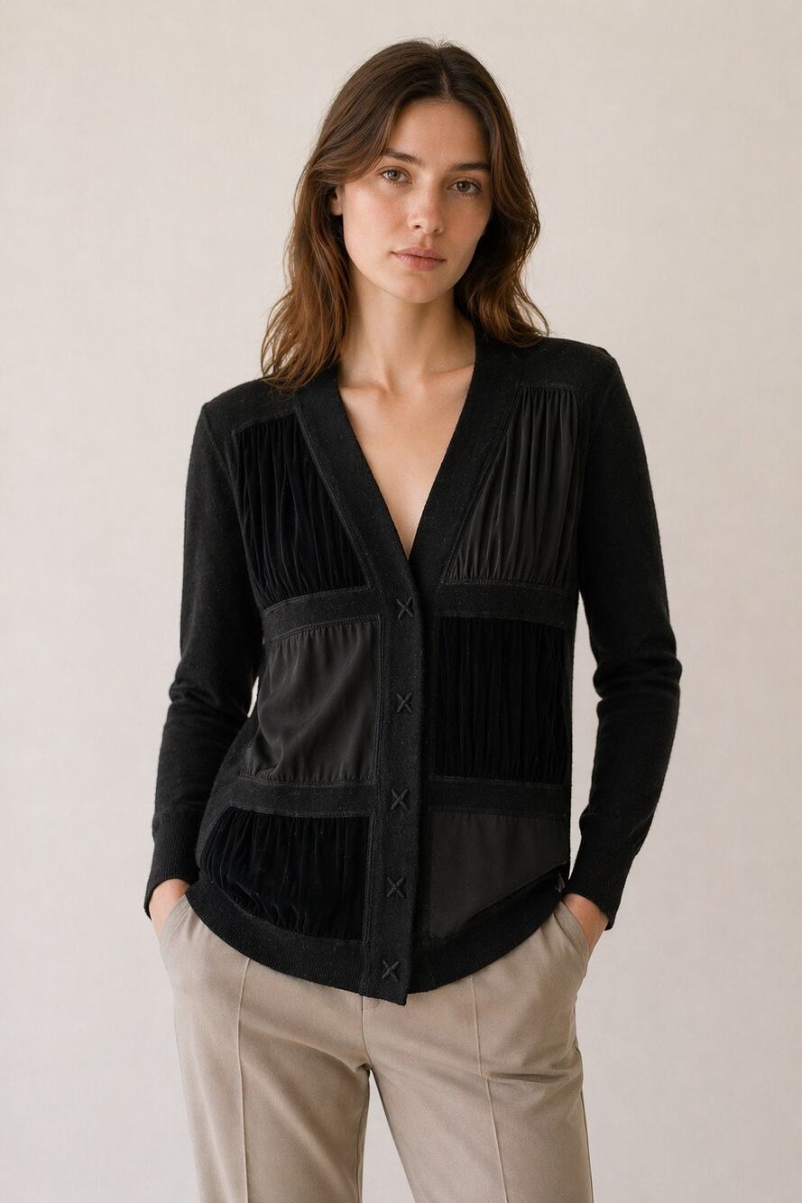 Thor & Nema Paris Black Wool Cashmere Mixed Media Cardigan – XL